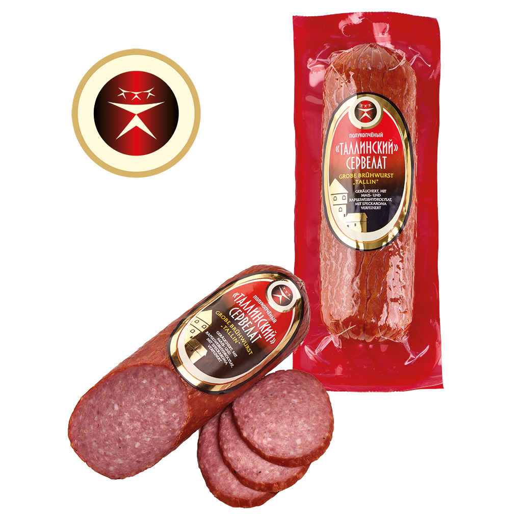 Grobe Brühwurst "Tallin", gerookt, met maïs- en raapzaad-eiwit hydrolysaat, verfijnd met spek aroma
