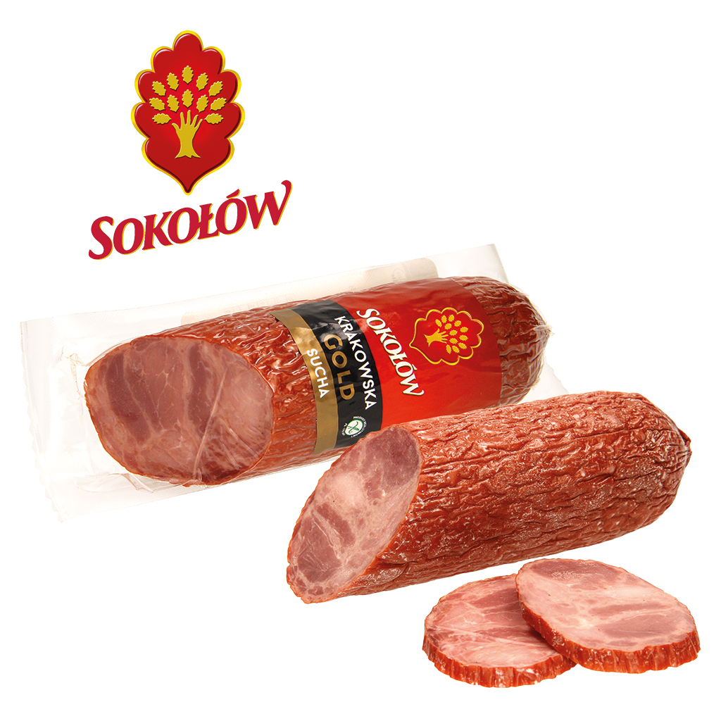 Varkensworst met rundvlees "KRAKOWSKA". Gerookt, gekookt, ge