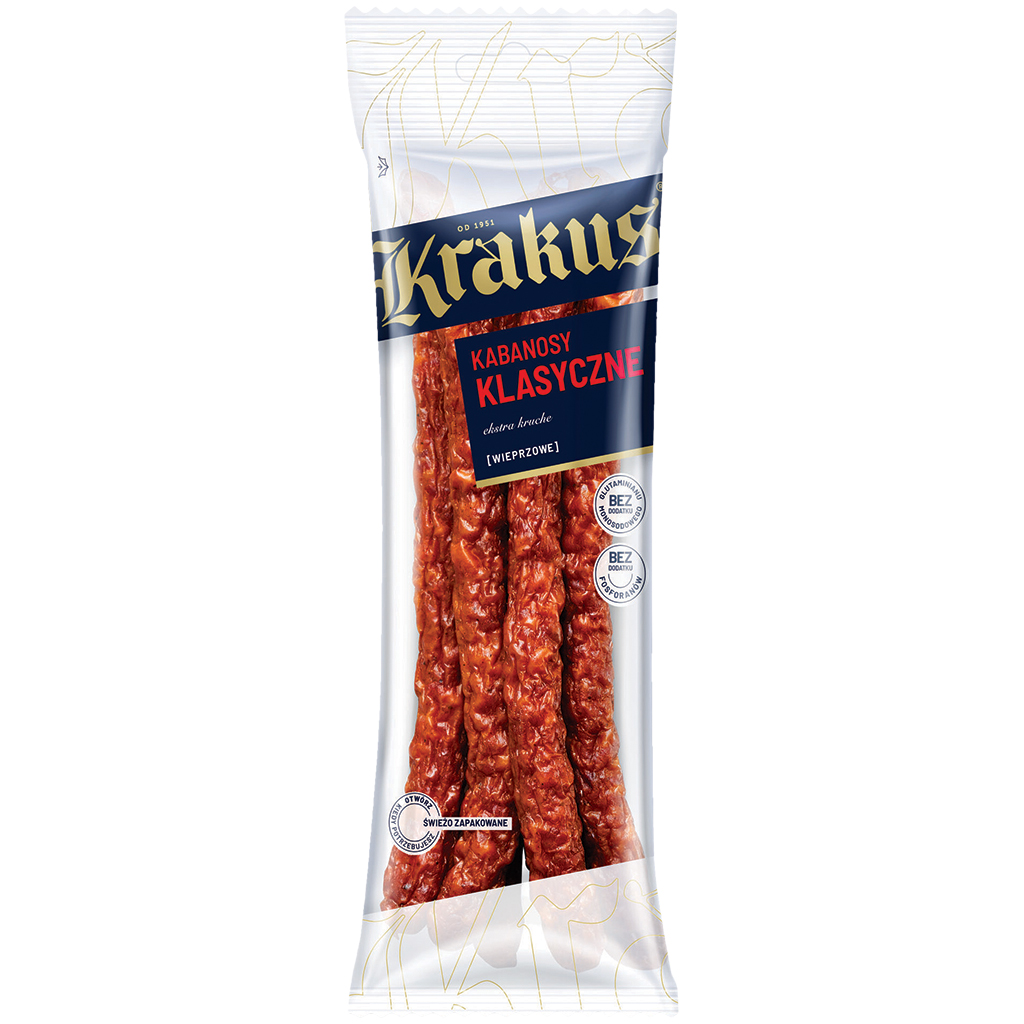 Колбаски свиные "Kabanossi Classic", варёно-копчёные, сухие.