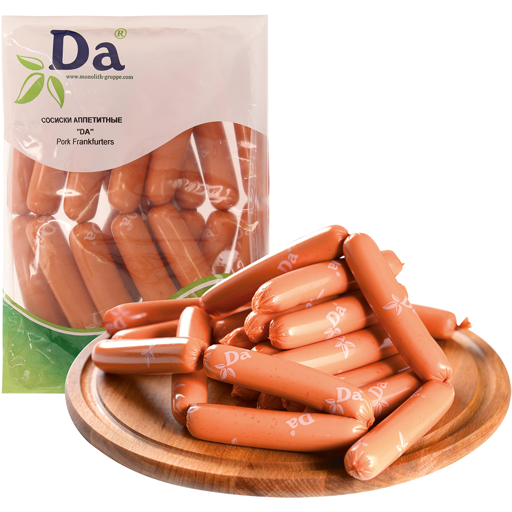 Worsten "Sosiski Appetito Da" eigen soort met drinkwater, ge