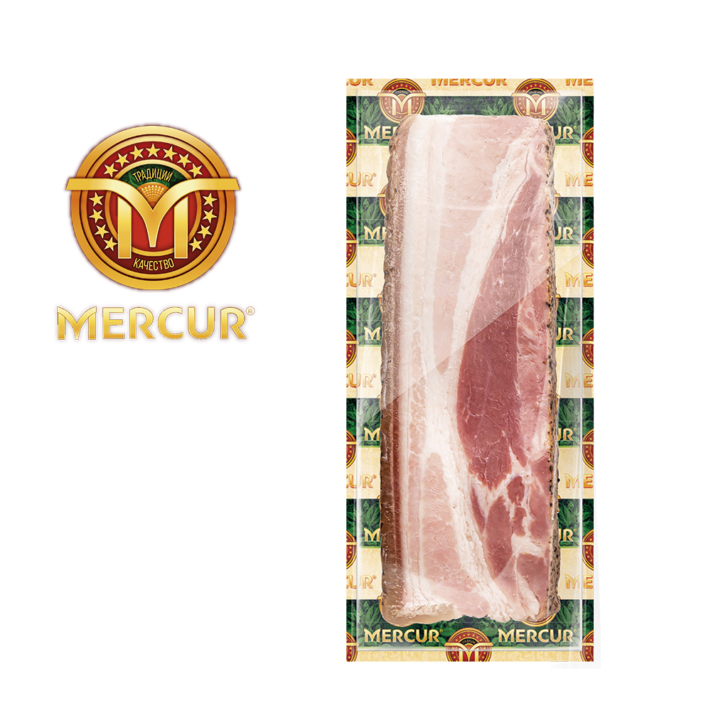 Gekookte varkensbuik "Mercur Brjuschina pikantnaja", gezoute