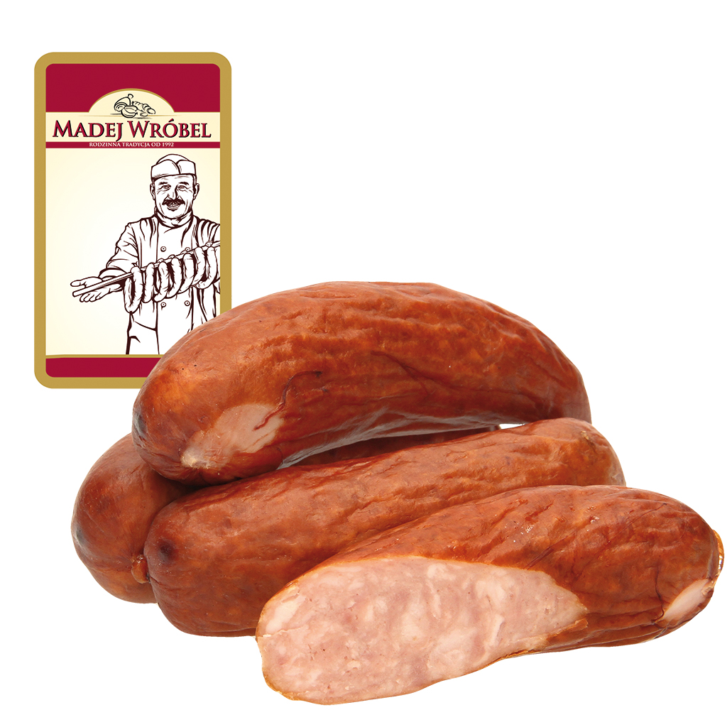 Копченая вареная колбаса из свинного мяса "Kielbasa paryska" среднего помола с добавлением куриного мяса механической обработки, воды, картофельного крахмала и соевого белка