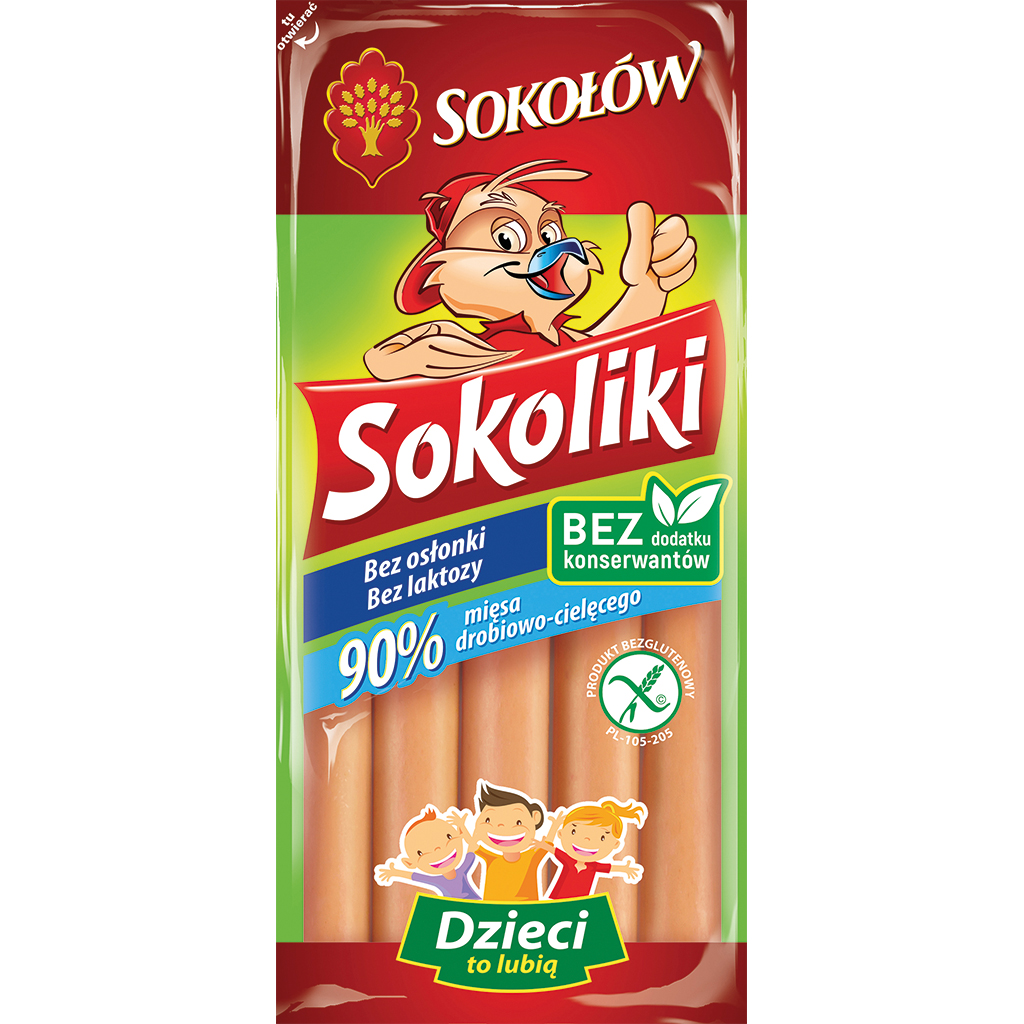 "SOKOLIKI" Kippenvleesworstjes met 5,6% kalfsvlees in het vleespercentage. Gerookt, zonder worstomhulsel, vacuümverpakt.