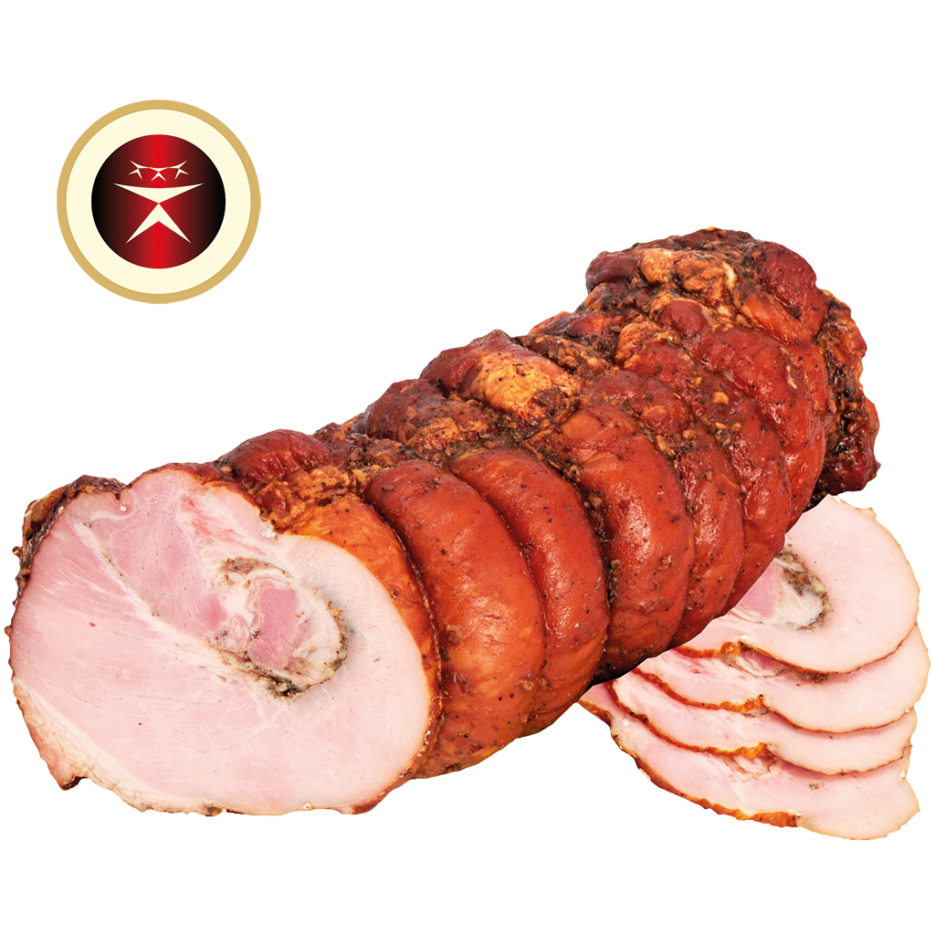 Varkensvleesrol met knoflook, gezouten, gekruid en gekookt,