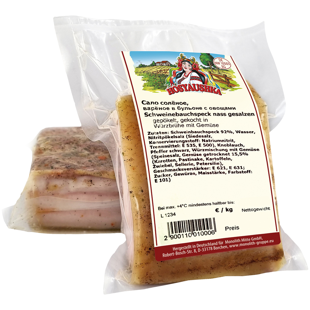 Hosyaushka varkensbuikvet nat gezouten, gepekeld, gekookt