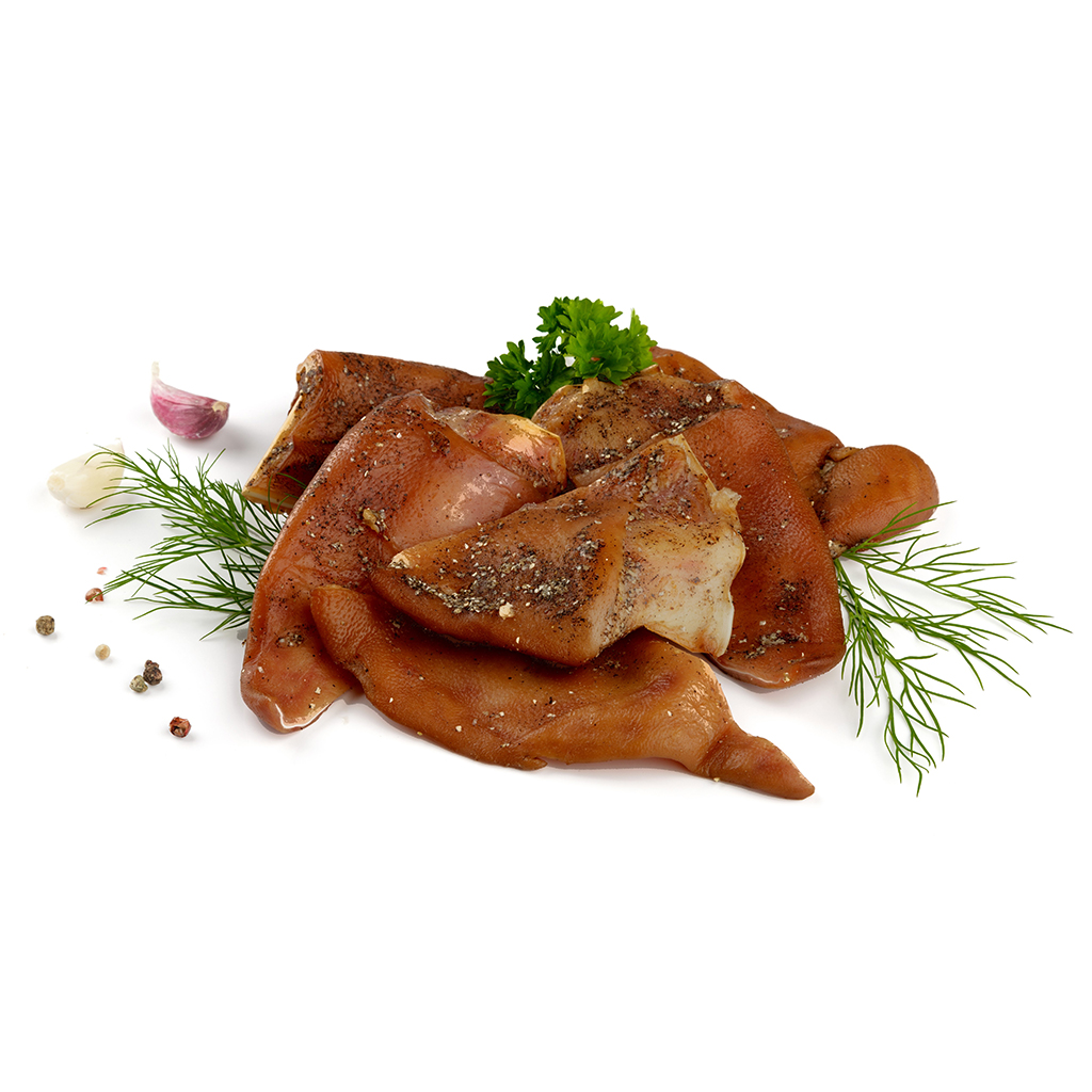 Varkensoort oren, gezouten, gekookt, gerookt