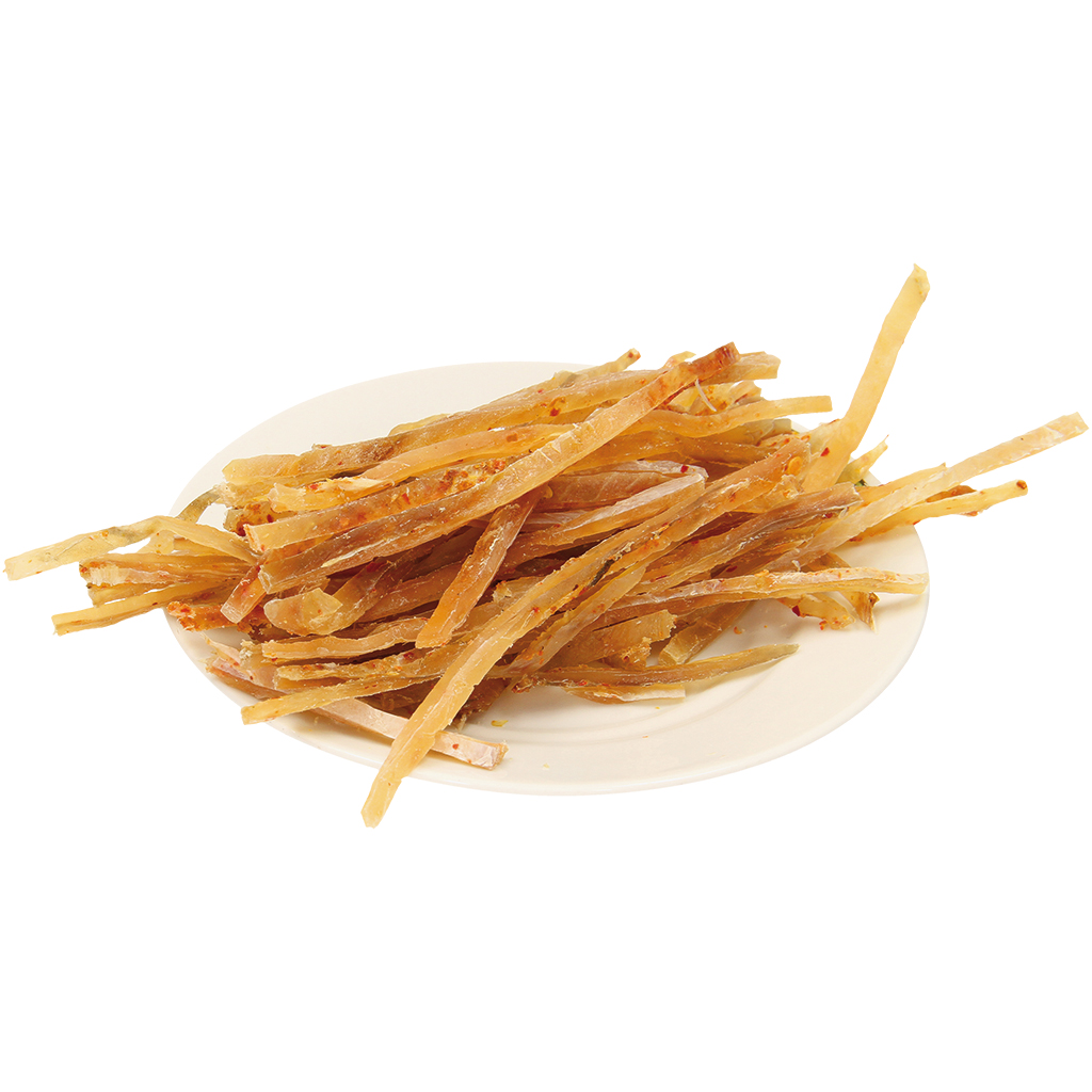 "IKROFF" Snack van Pacifische Kabeljauw in reepjes, gedroogd, gezouten, gezoet, ontdooid.