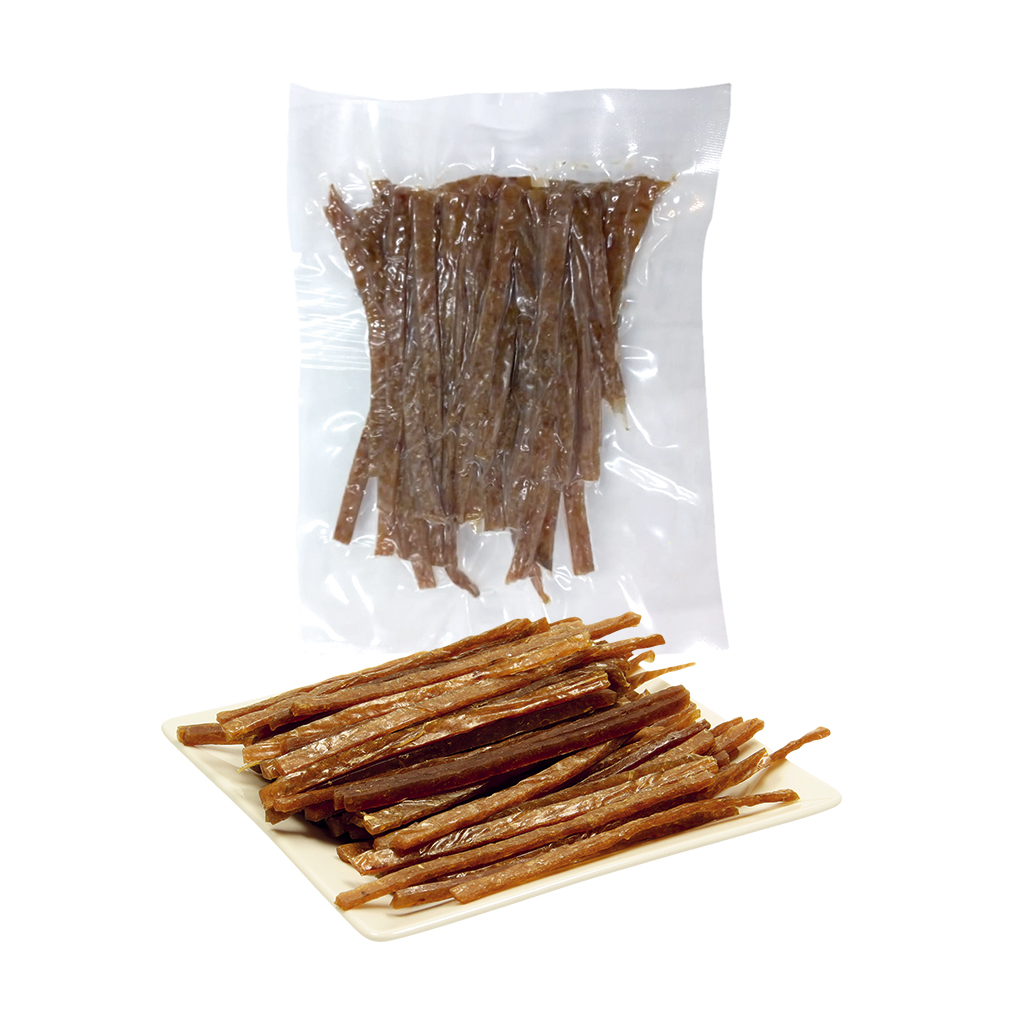 Snack van brasem, in reepjes, gezouten en gedroogd, ontdooid