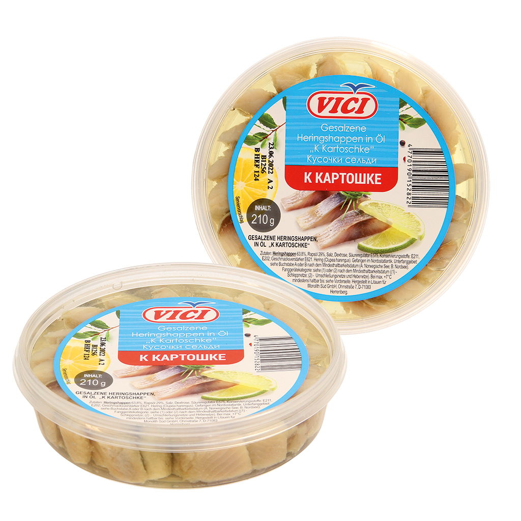 Gezouten haringhapjes (Clupea harengus) "K kartoschke" in olie.