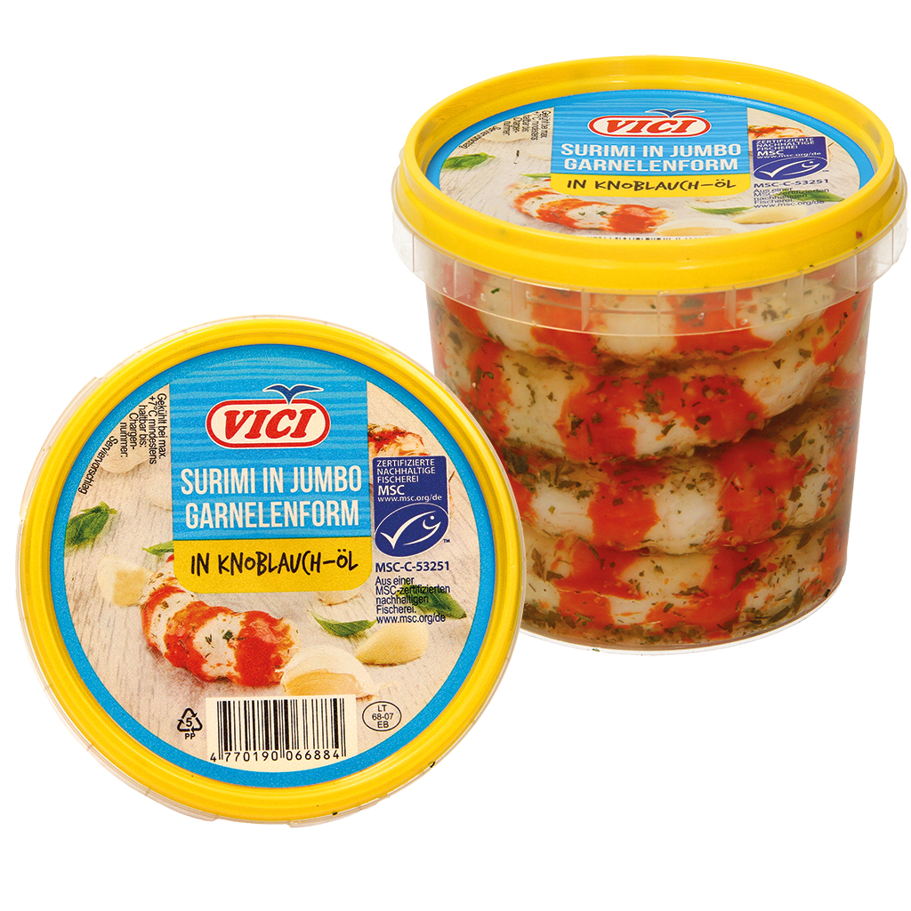 Imitatiegarnalen uit surimi gevormd, in knoflookolie