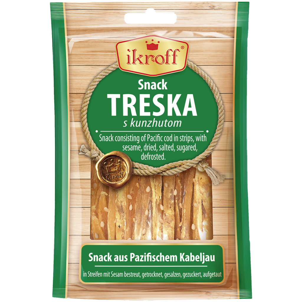"IKROFF" Snack van Pacifische kabeljauw in reepjes, bestrooid met sesam, gedroogd, gezouten, gezoet, ontdooid.