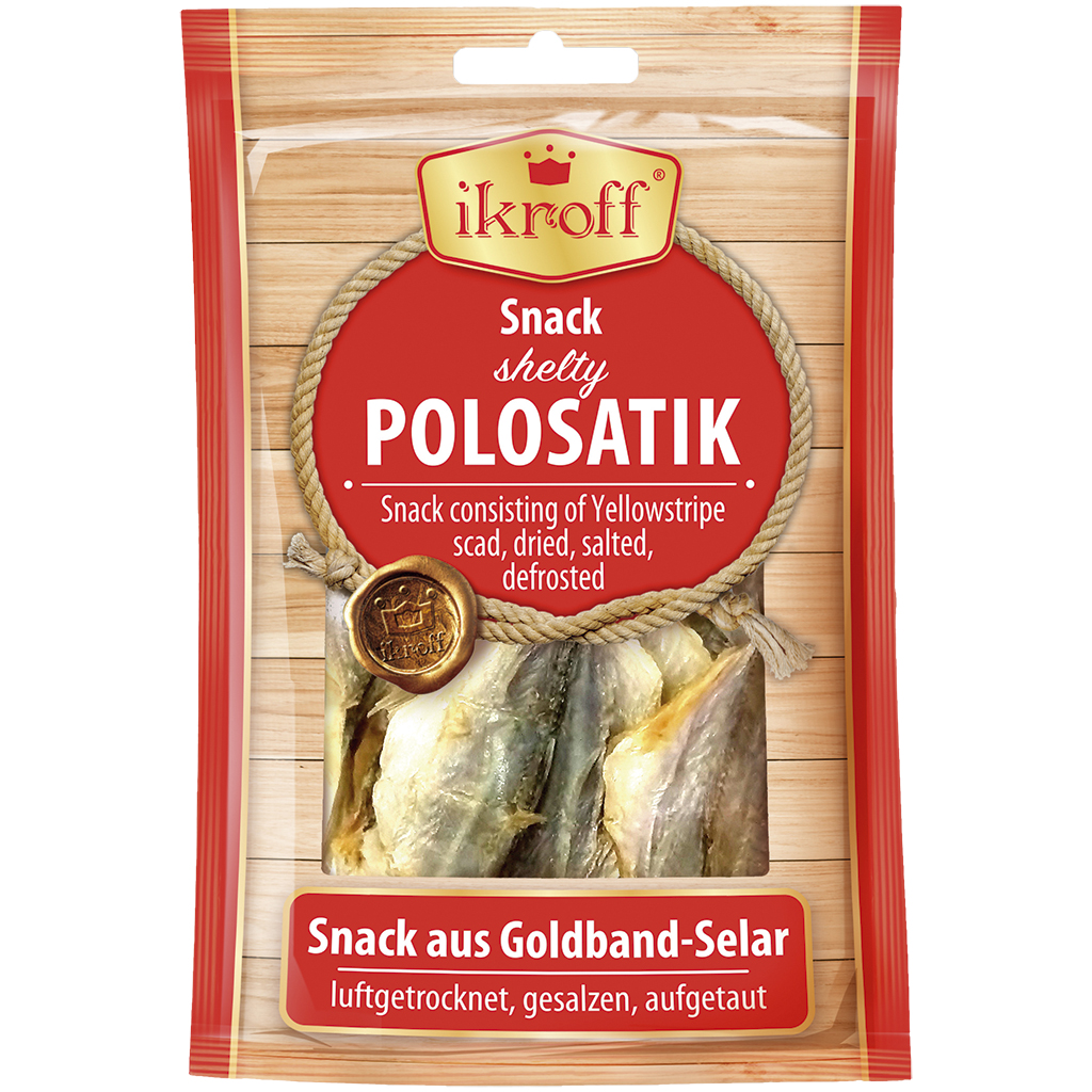 "IKROFF" Snack van goudband-selar, luchtgedroogd, gezouten, ontdooid