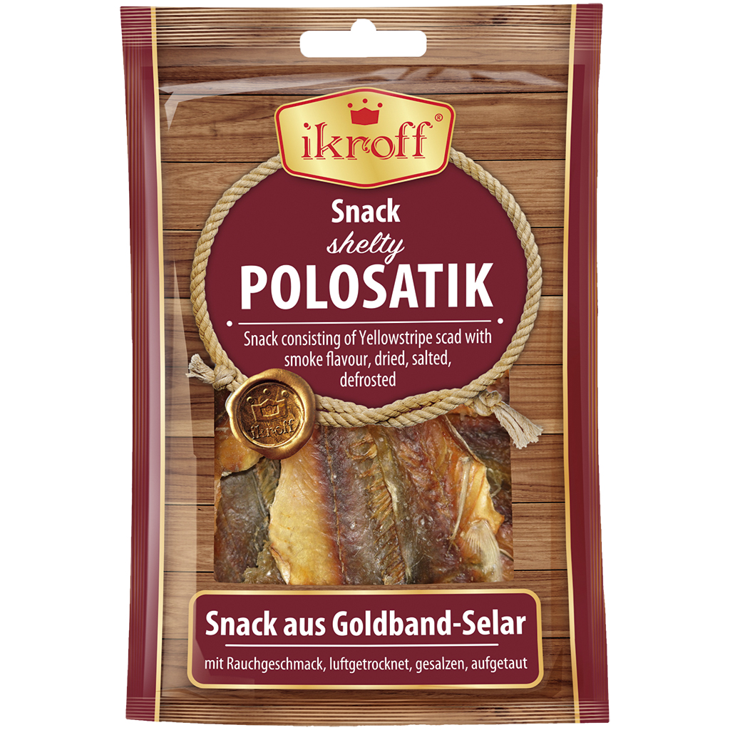 "IKROFF" Snack van goudband-selar met rooksmaak, luchtgedroogd, gezouten, ontdooid.