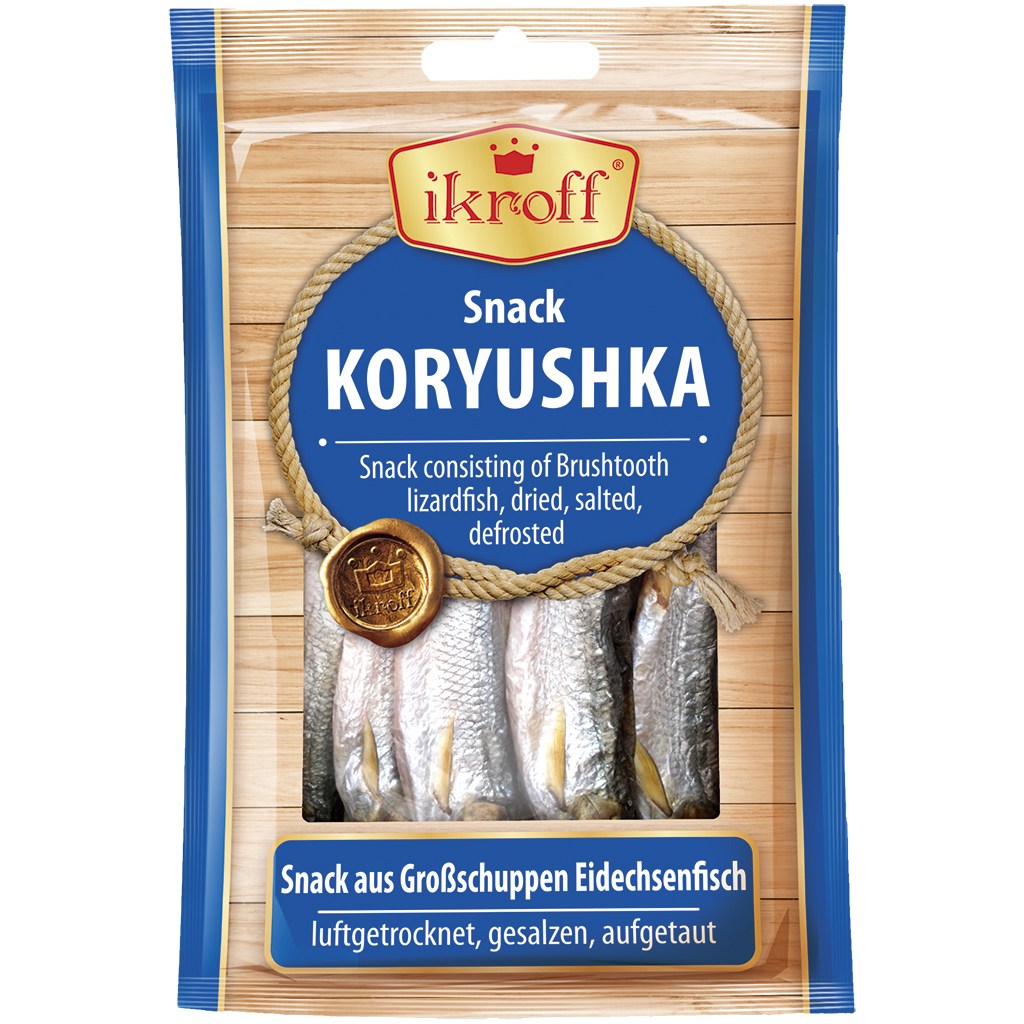 "IKROFF" Snack van grote schubben hagedisvis, luchtgedroogd, gezouten, ontdooid