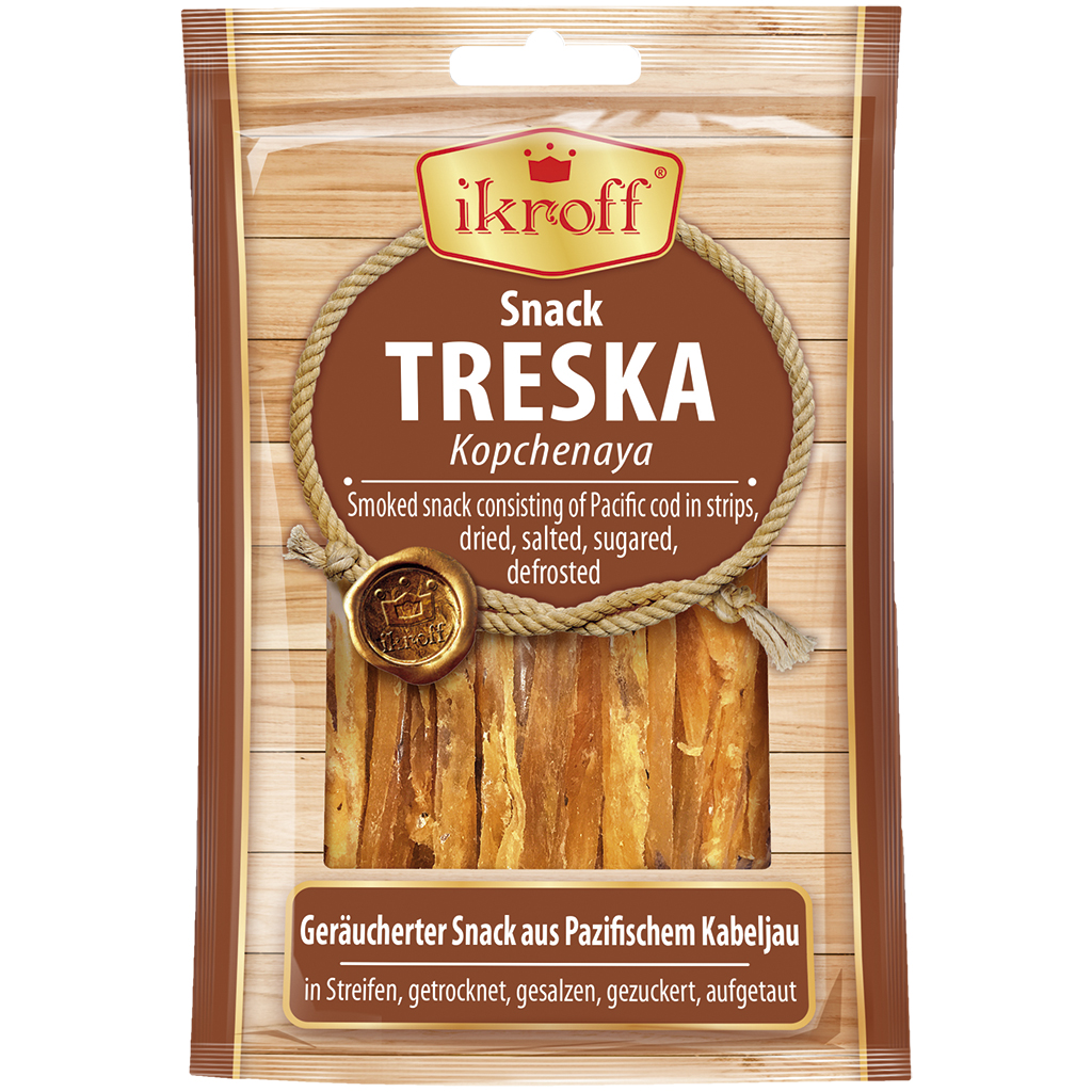 "IKROFF" gerookte snack van Pacifische kabeljauw in reepjes