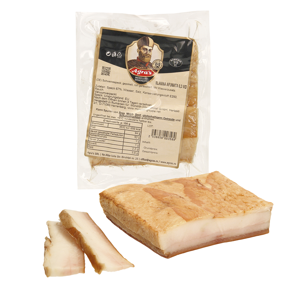 Varkensspek, gezouten, rauw gerookt Slanina afumata Agras