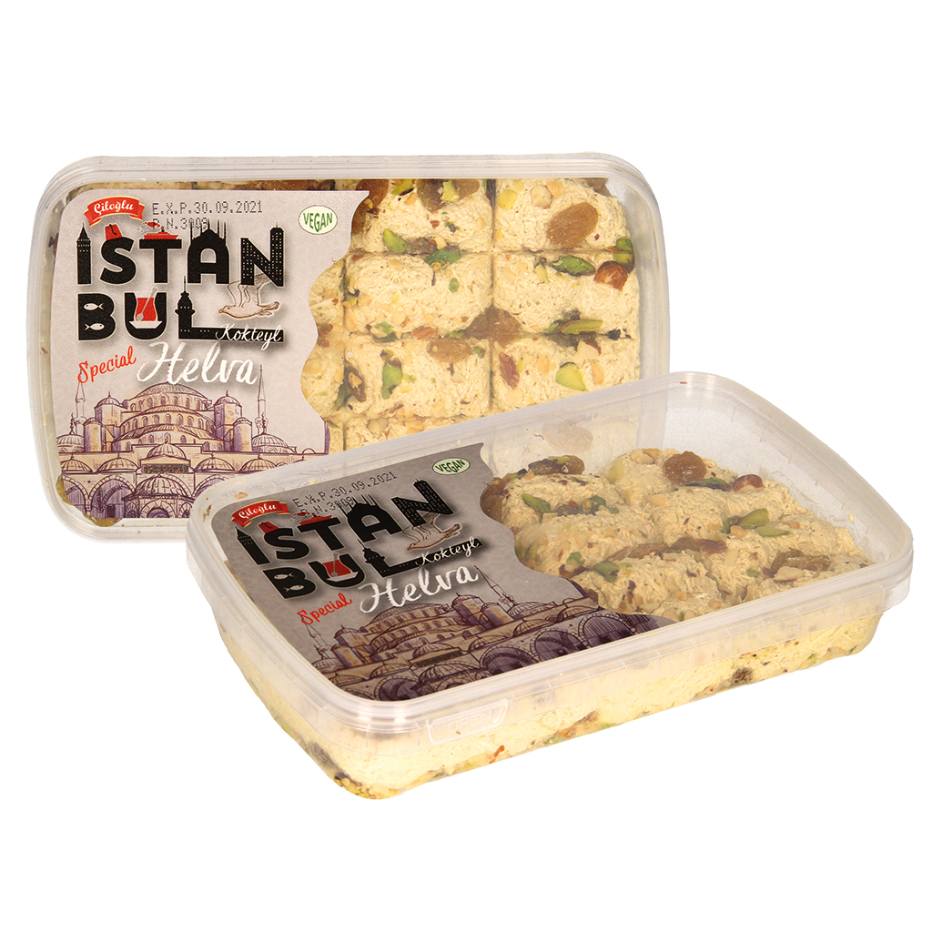 Helva met noten en rozijnen, gemaakt van sesampasta, suiker,