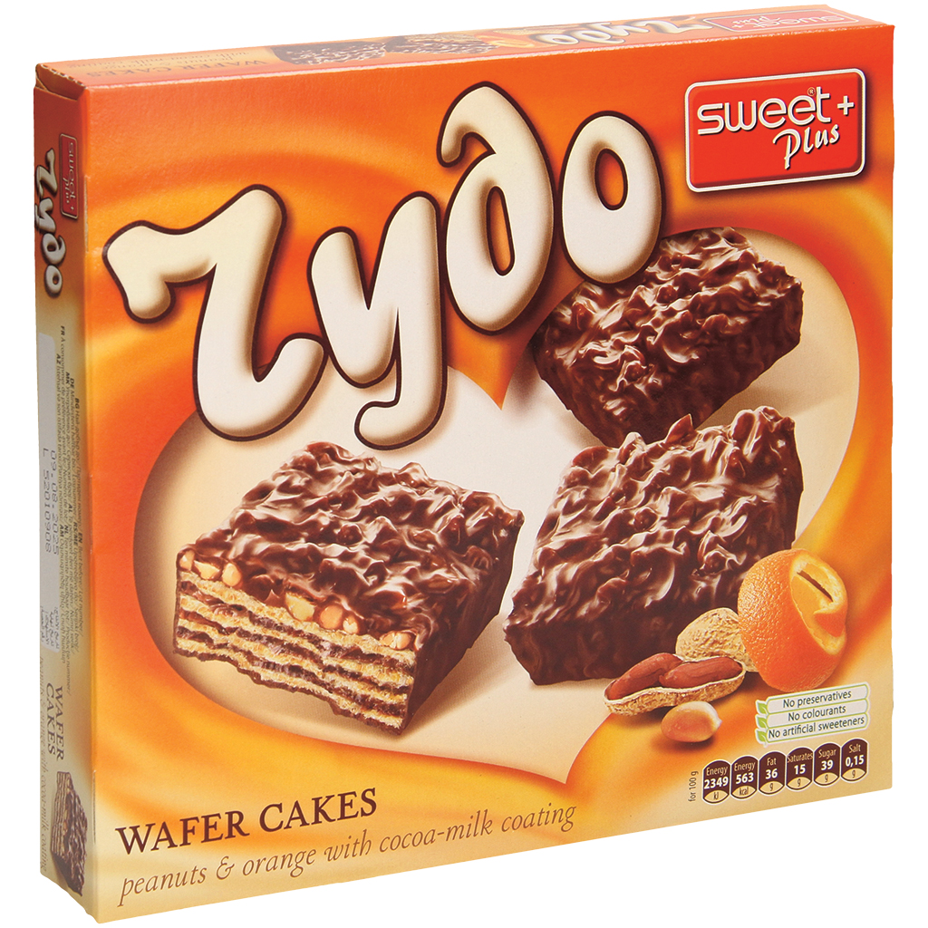 Wafelgebak met 49% pinda-vulling met sinaasappelsmaak