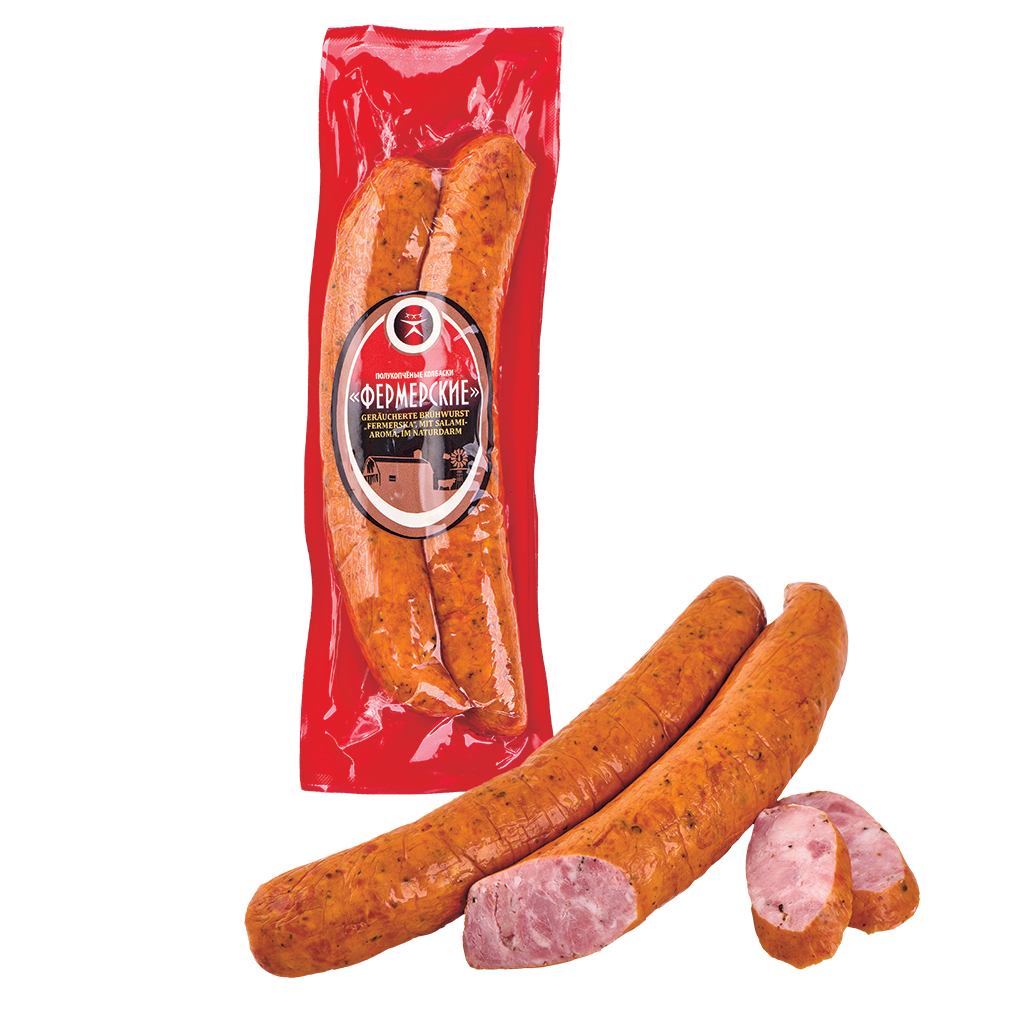 Gerookte gekookte worst ""Fermerska"", met salami-aroma, in