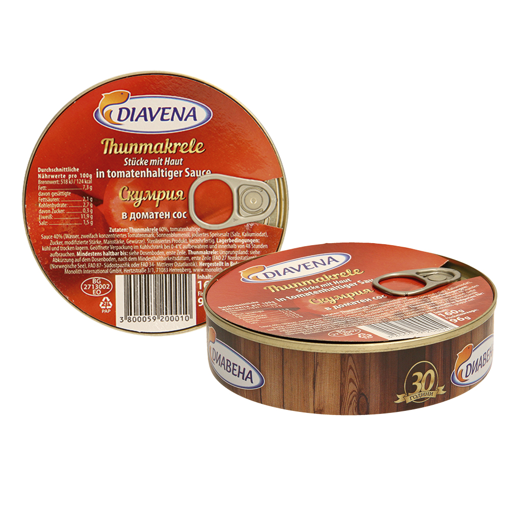 Tonijnstukken met huid, in tomatensaus.