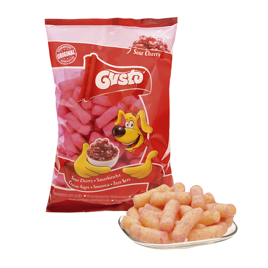Geëxtrudeerde snack ""Pufuleti"" van maïsgries met zure kers
