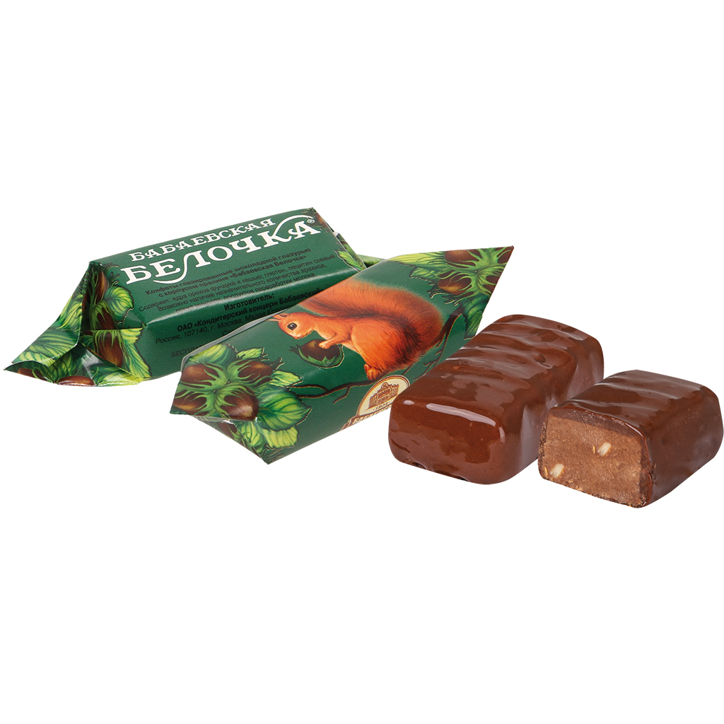 Praline snoep ""Babaevskaja belochka"" in cacaohaltige vetgl
