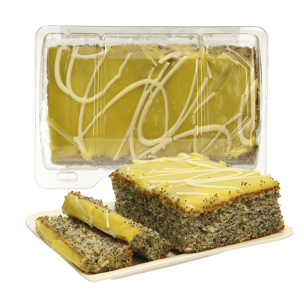 Saftige beslagcake versierd met topping met citroensmaak, di