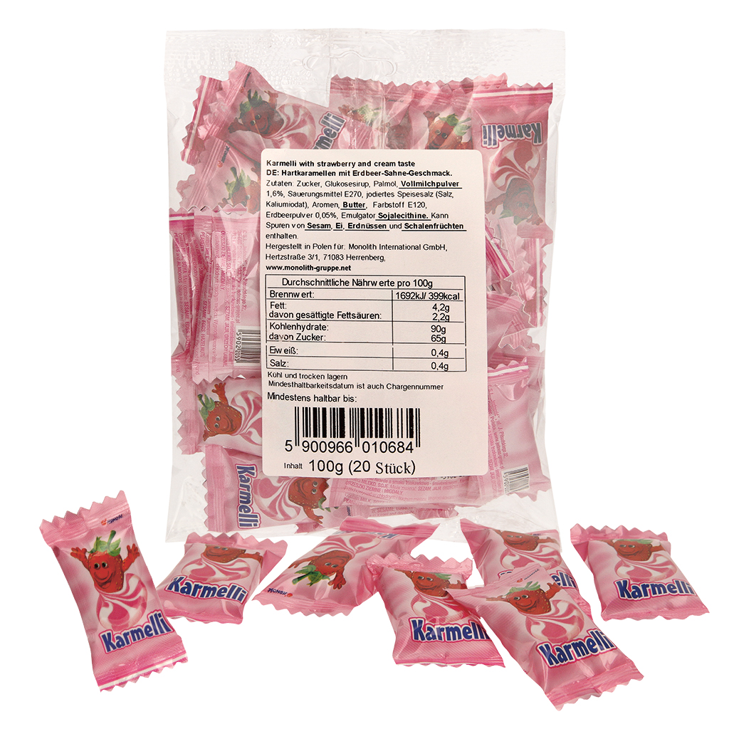 Harde karamellen met aardbeiroom smaak.