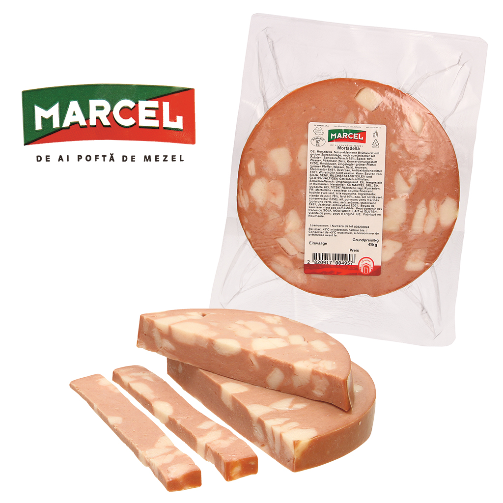 Mortadella – fijngehakt gekookte worst met grove spek blokje