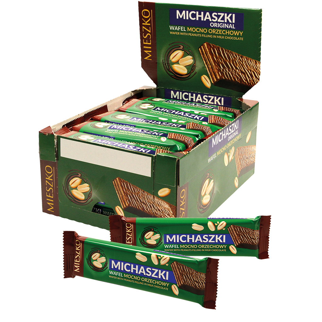 Wafels met pinda crèmevulling (50%) in melkchocolade "MICHAS