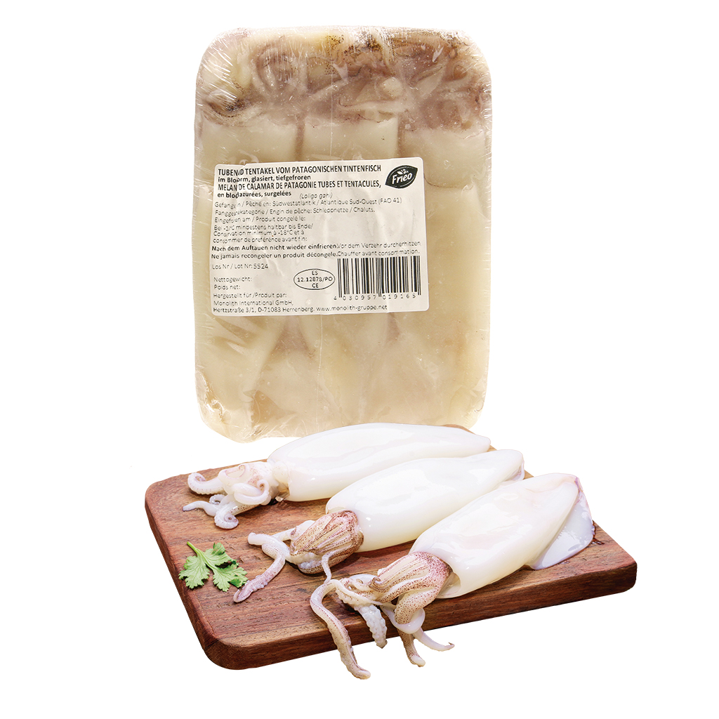 Tuben en tentakels van patagonische inktvis, in blokvorm, ge