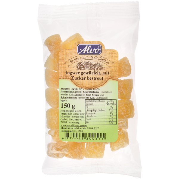 Gember in blokjes, bestrooid met suiker