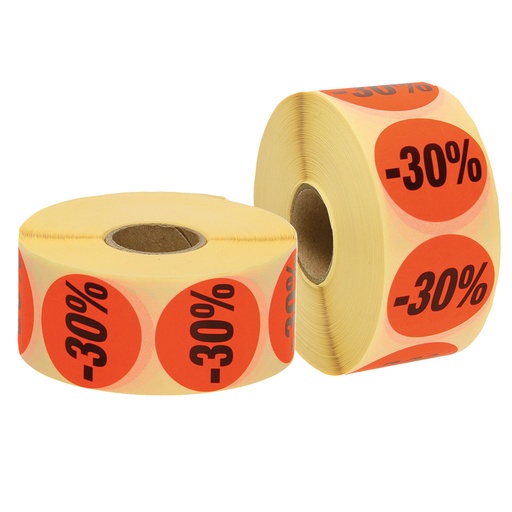 Kortingstickers 30%, neonrood, 33x33 rond, 1-kleurig zwart