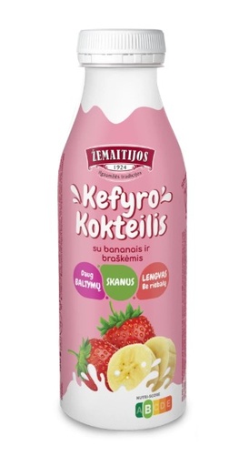 Кефир Коктал Жемайтийос с бананами и клубникой, 0,4% жира.