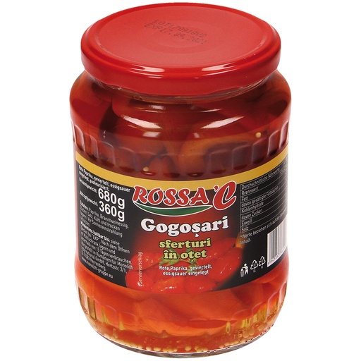 Rode paprika, in vieren gesneden, azijn zuur ingelegd