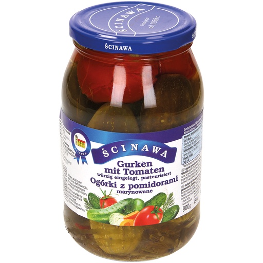 Komkommers met tomaten, pittig ingelegd