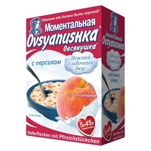 Каша овсяная быстрого приготовления с сахаром и персиком.