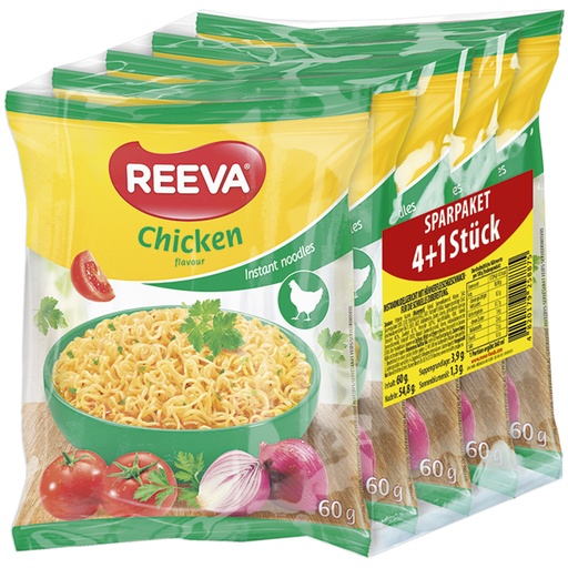 Sparpakket 4+1 Gratis "Reeva" Instantnoedelgerecht met kippenvleessmaak - voor snelle bereiding
