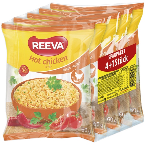 Sparpakket 4+1 Gratis "Reeva" Instantnoedelgerecht met kippenvleessmaak pittig - voor de snelle bereiding.