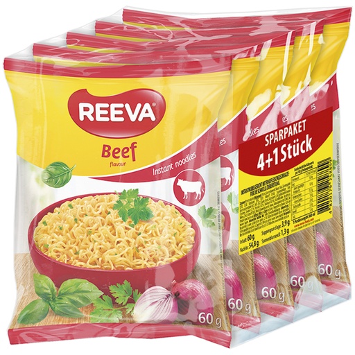 Sparpakket 4+1 Gratis "Reeva" Instantnoedelgerecht met rundvlees smaak - voor de snelle bereiding.