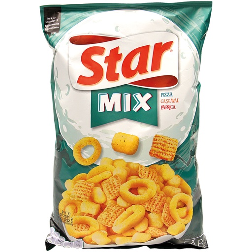 Snack-mix van maissnack met kaassmaak, maissnack met pizzasm