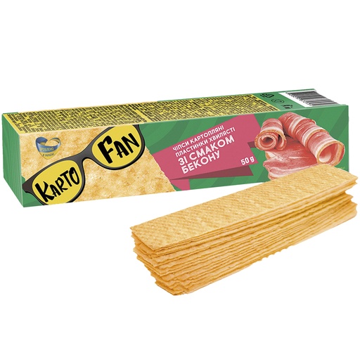 "KARTOFAN" chips van aardappelen, in stroken, met baconsmaak