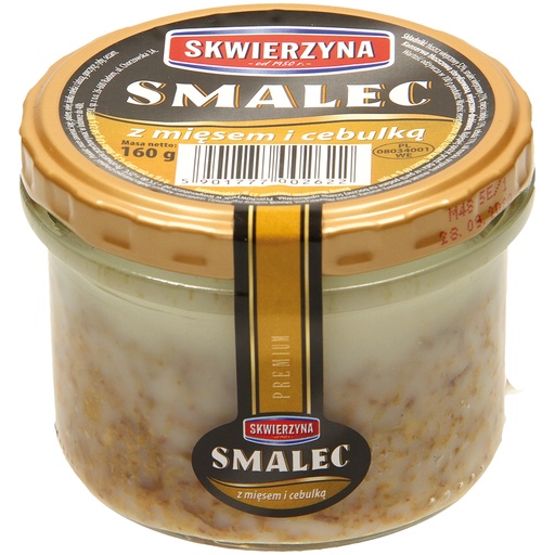 Varkensvet-boterhambeleg met vlees en uien. Gesteriliseerd.