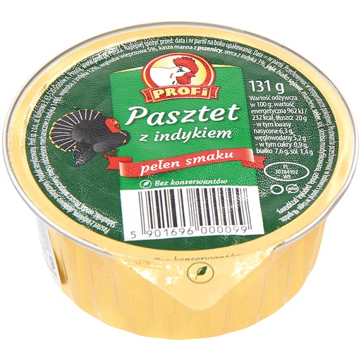 Kalkoenbeleg met kalkoenscheidingvlees naar de stijl van een gekookte worst van Poolse aard. Met soja-eiwit, met delen van varkensvlees.