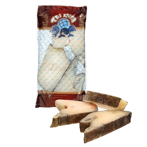 Blauwe zeewolf steaks geglazuurd, diepgevroren.