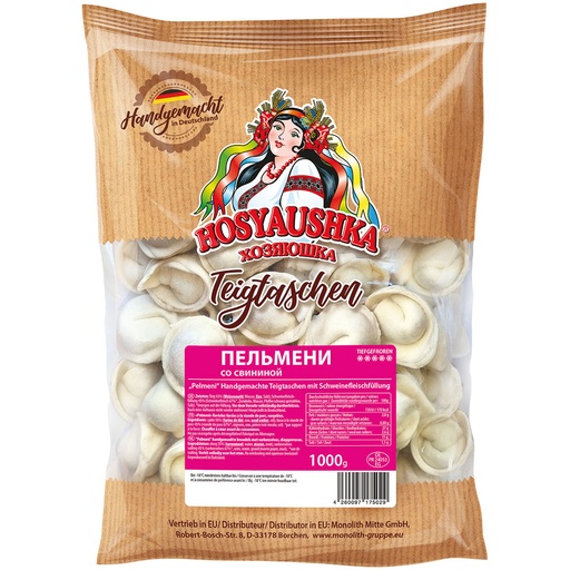 Handgemaakte deegwaren met varkensvleesvulling "Pelmeni", diepgevroren