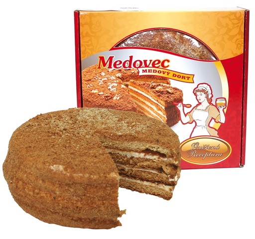 Taart "Medovik" met crèmevulling - gezoete gecondenseerde me