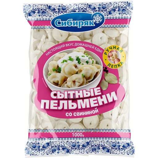 Handgemaakte Russische Pelmeni – met varkensgehakt (44%) gevulde deegzakjes, diepgevroren
