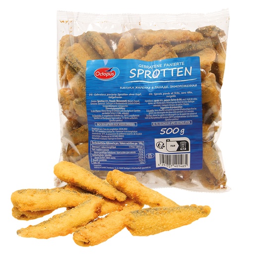 Gebakken gepaneerde sprot zonder hoofd, diepgevroren