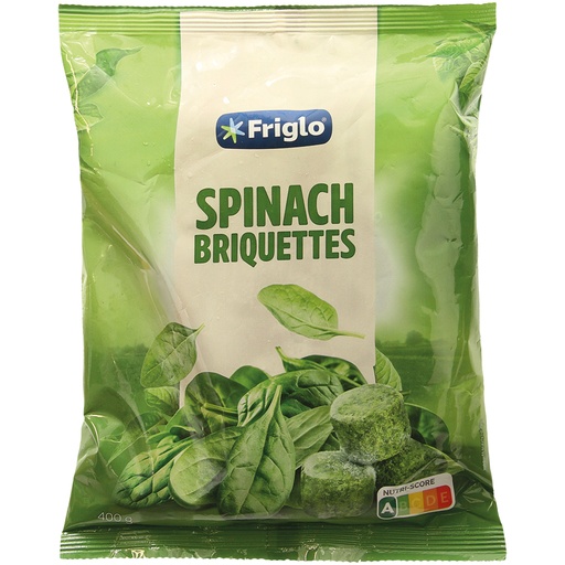 Spinazie, gehakt, in blokjes, diepgevroren.